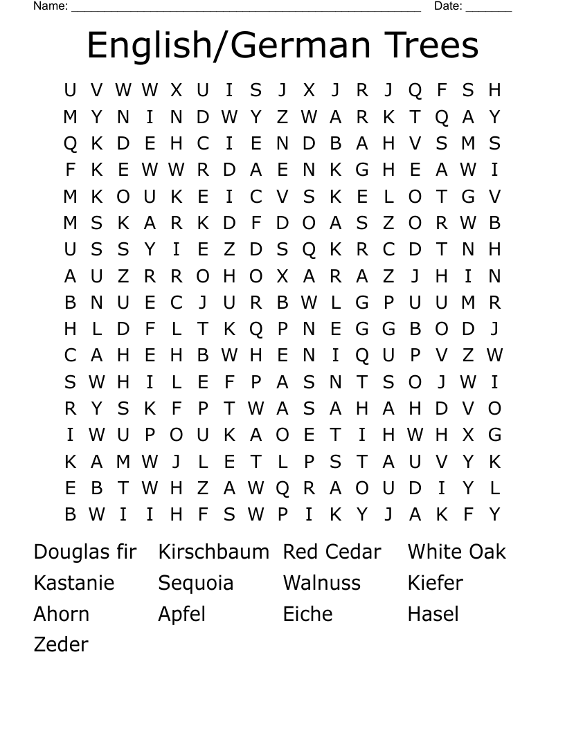 English/German Trees Word Search