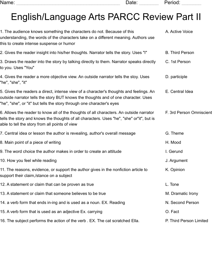 English/Language Arts PARCC Review Part II Worksheet