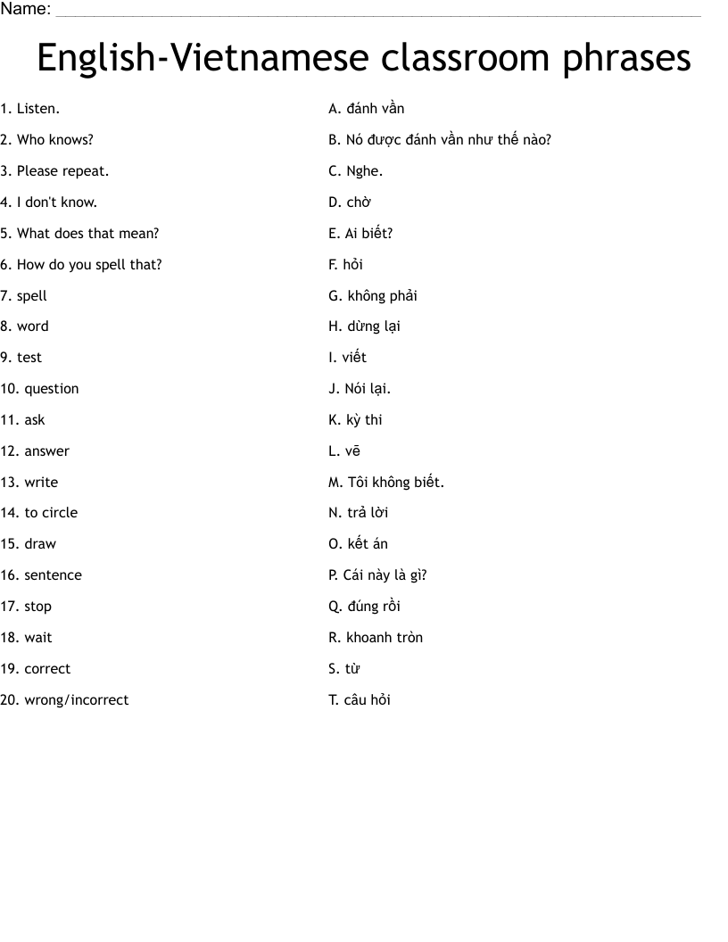 English-Vietnamese classroom phrases Worksheet