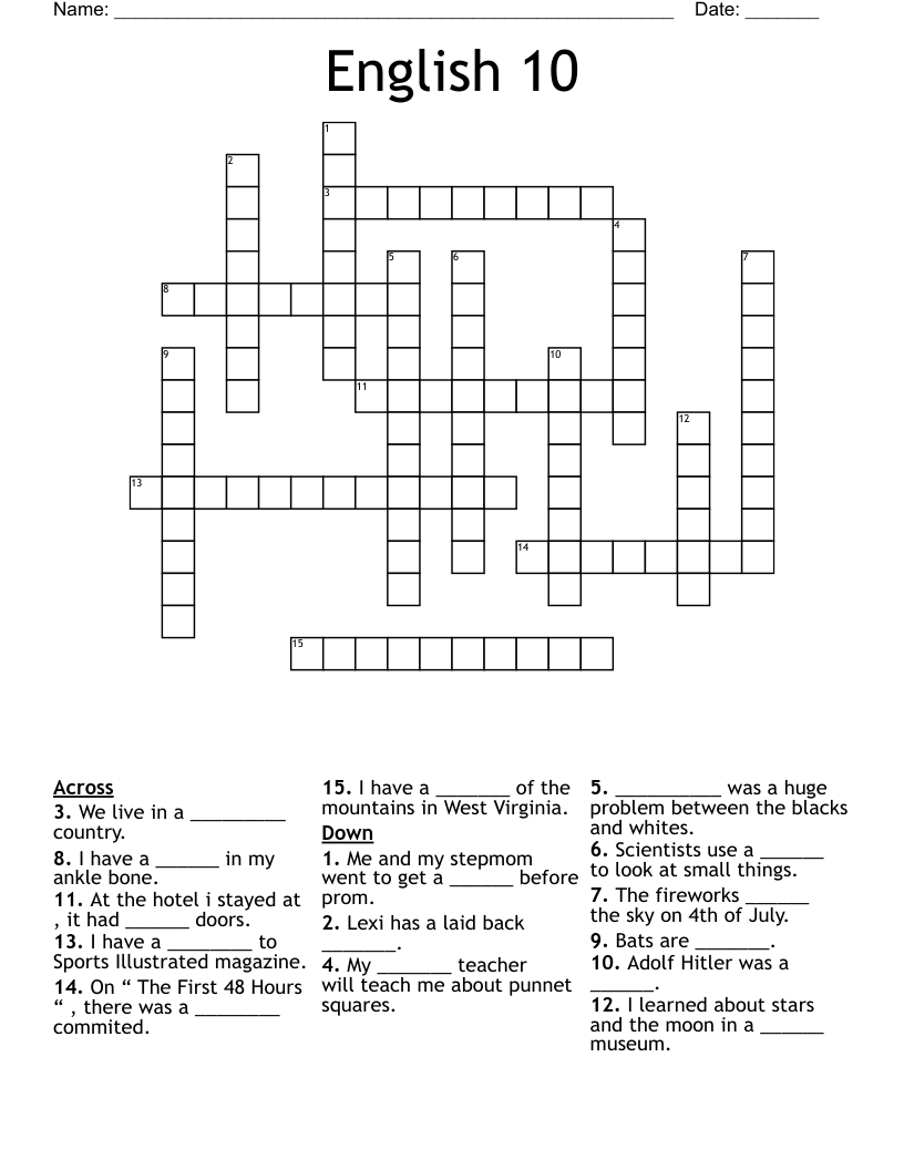 English 10 Crossword