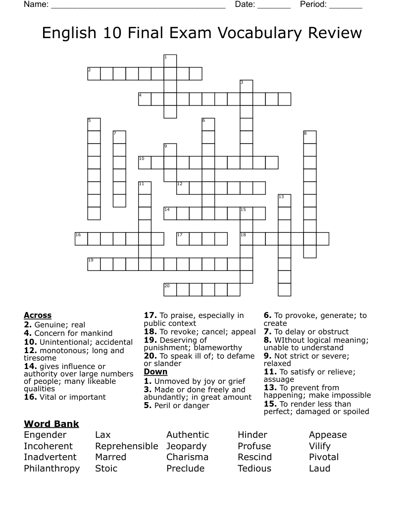 English 10 Final Exam Vocabulary Review Crossword