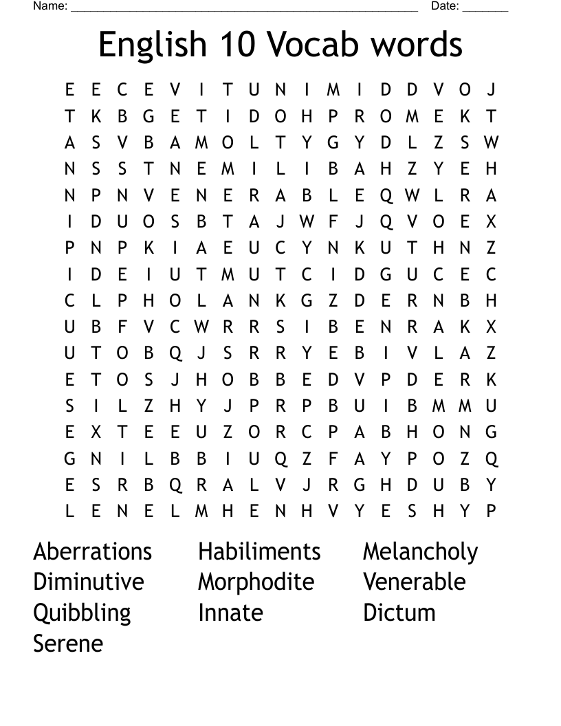English 10 Vocab words Word Search