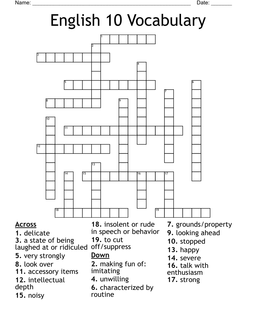 English 10 Vocabulary Crossword