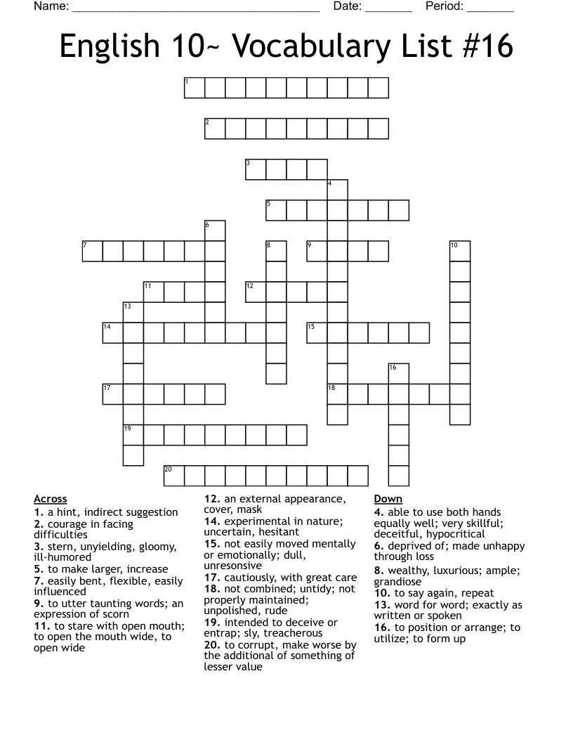 English 10~ Vocabulary List #16 Crossword