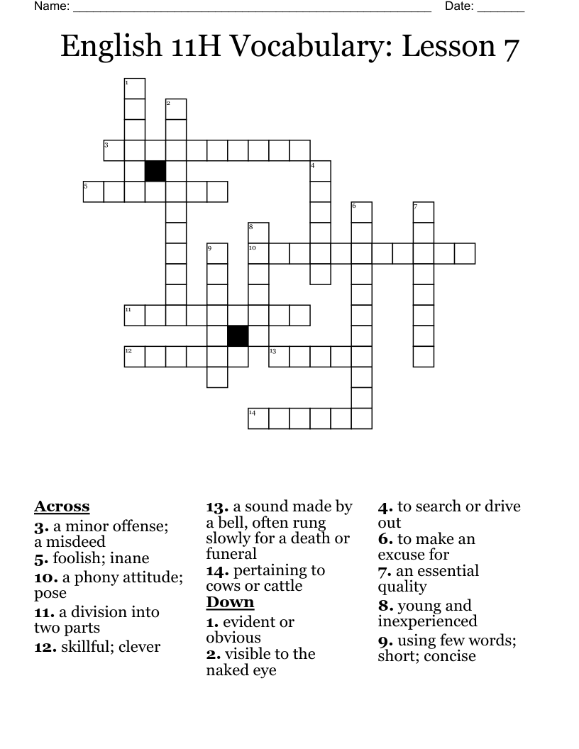 English 11H Vocabulary: Lesson 7 Crossword