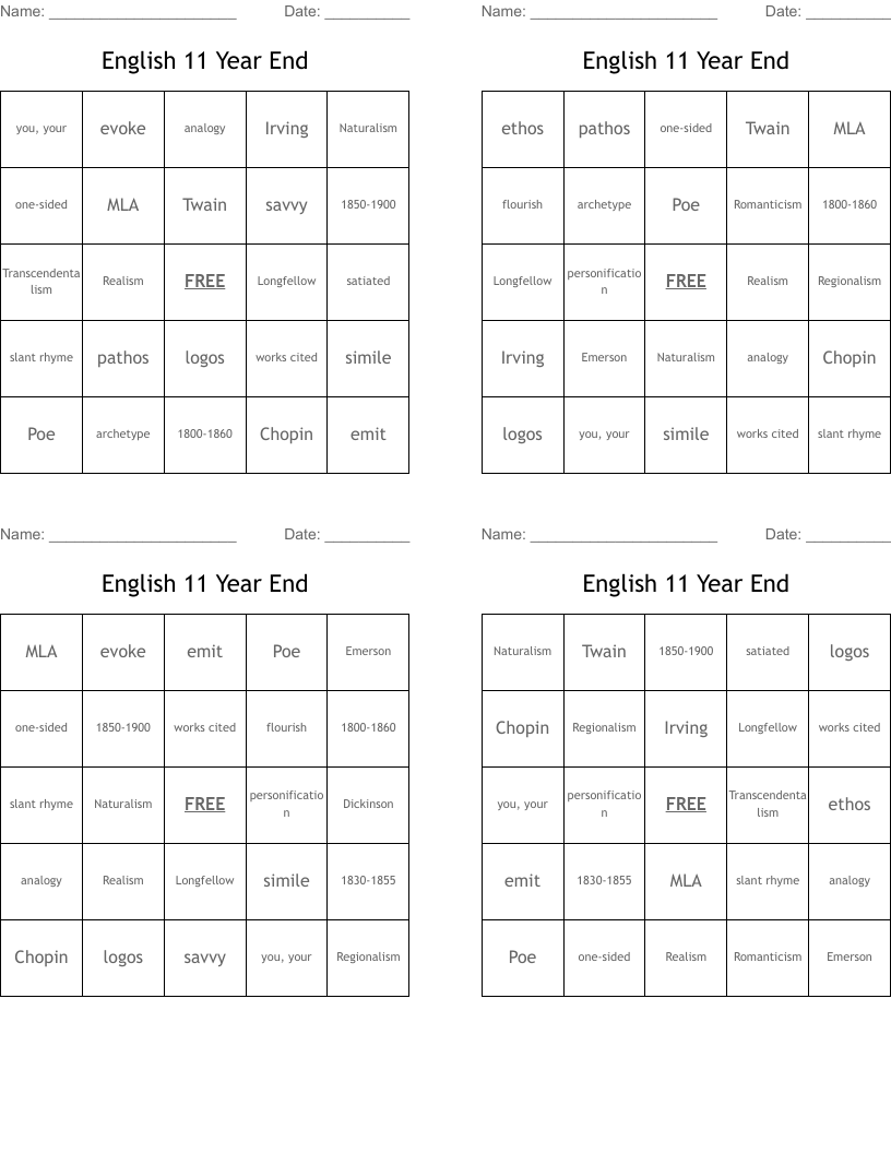 English 11 Year End Bingo Cards