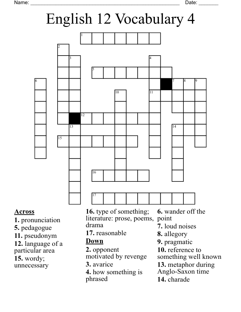 English 12 Vocabulary 4 Crossword