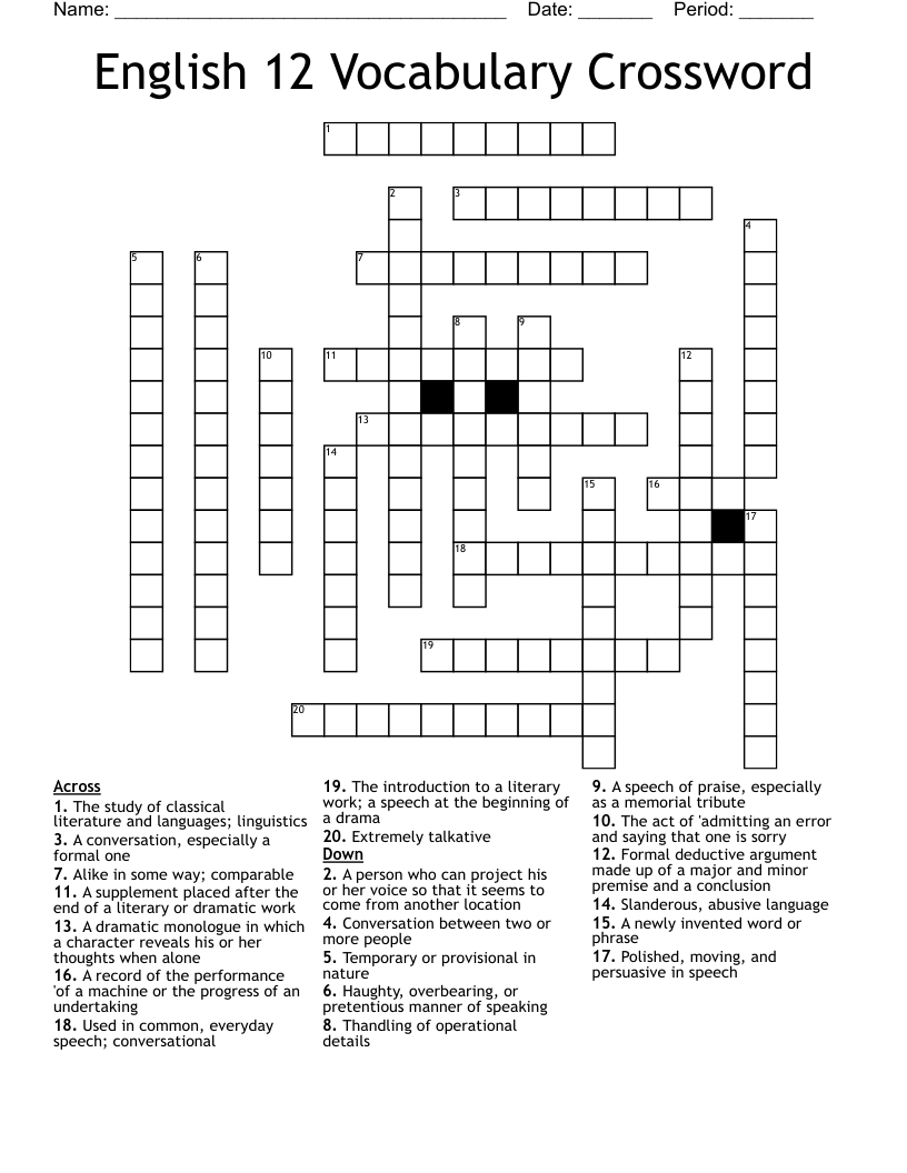 English 12 Vocabulary Crossword