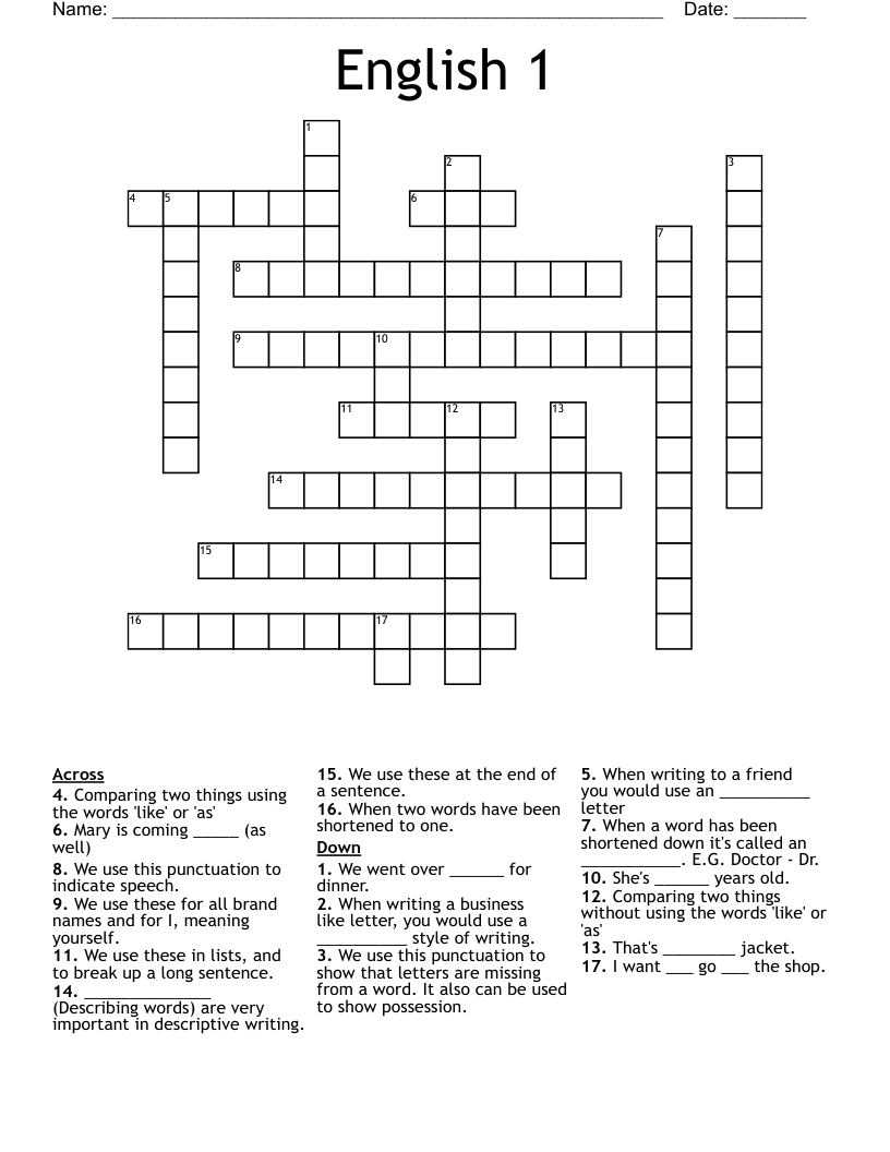 English 1 Crossword