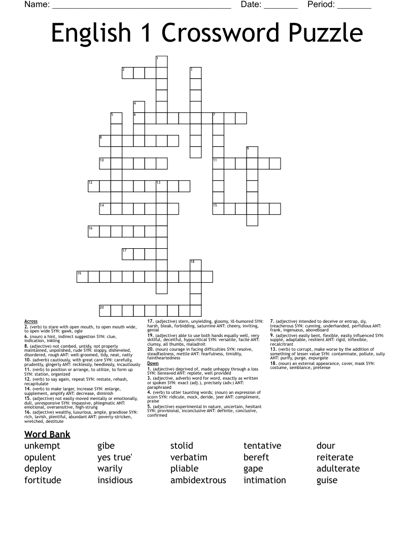English 1 Crossword Puzzle 