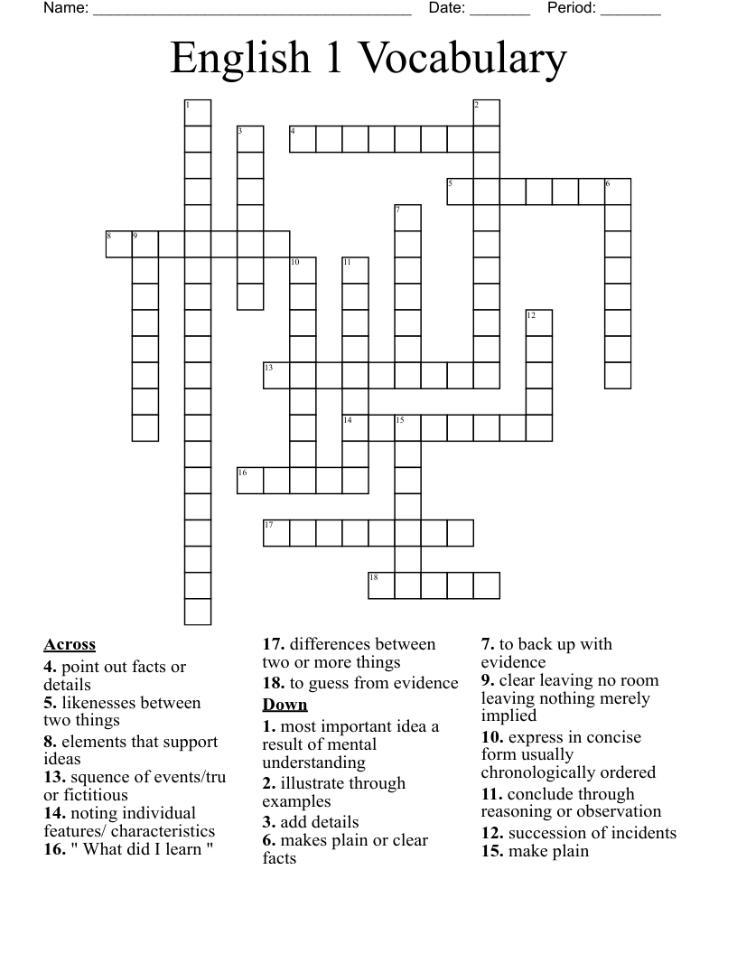 English 1 Vocabulary Crossword