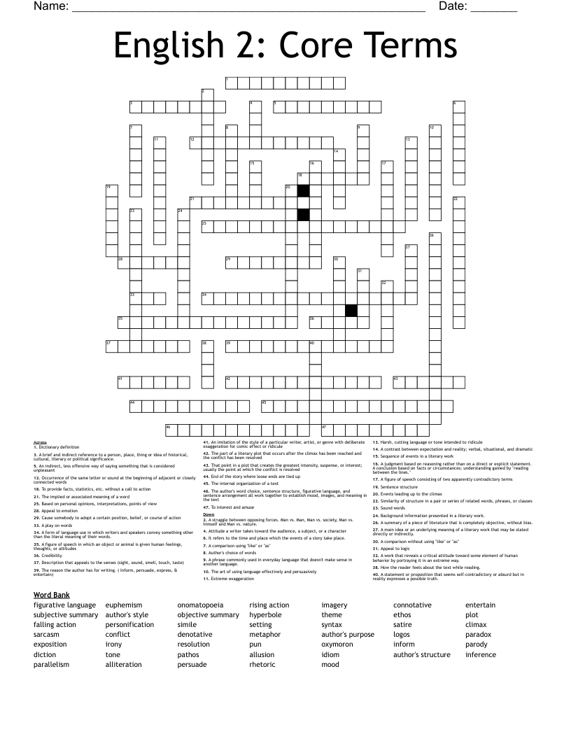 English 2: Core Terms Crossword