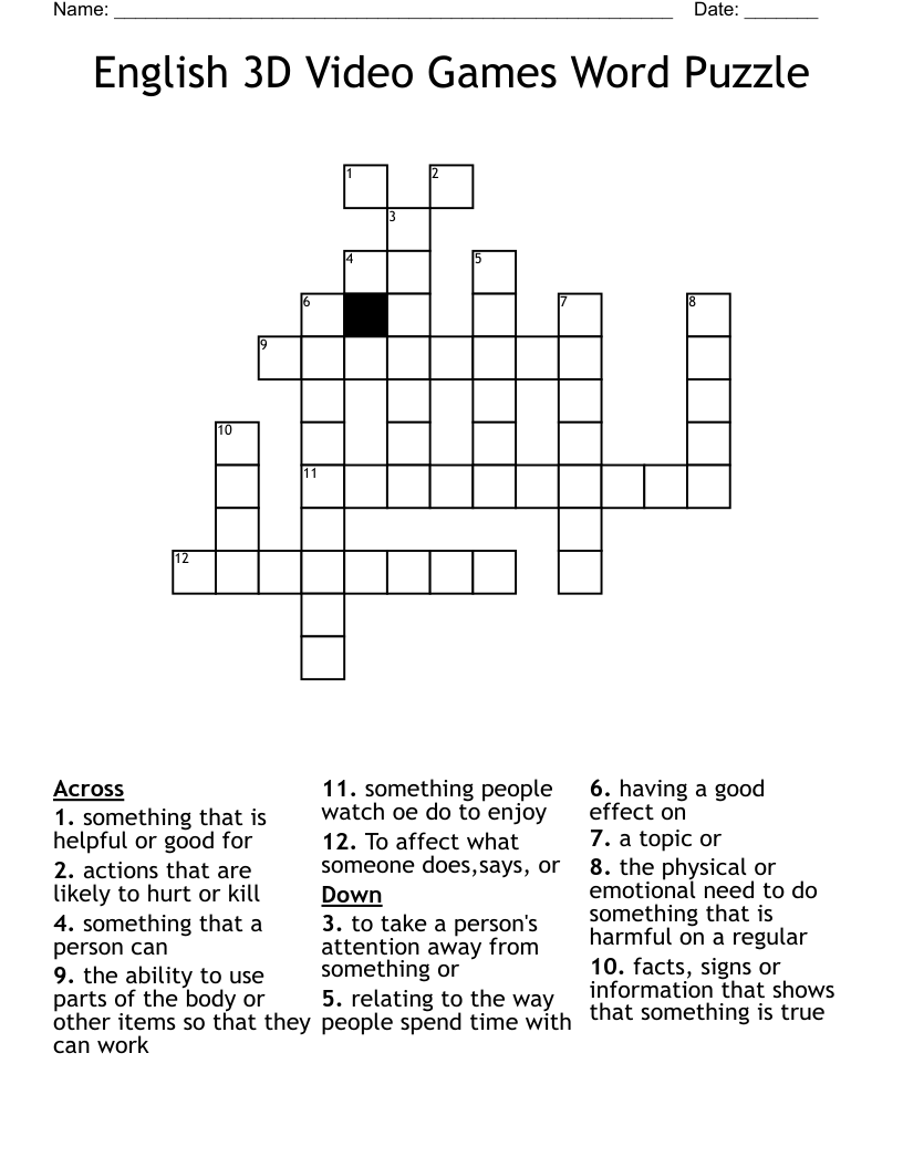 English 3D Video Games Word Puzzle Crossword