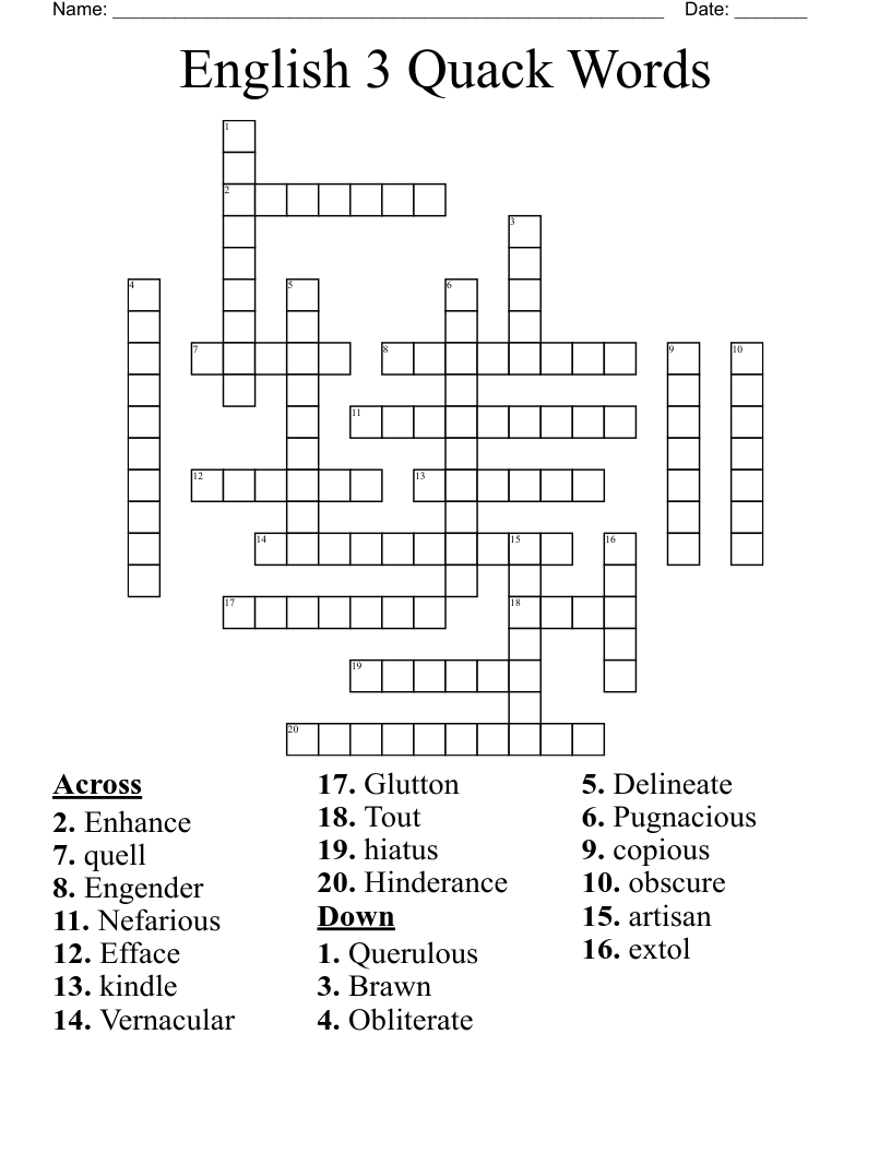 English 3 Quack Words Crossword