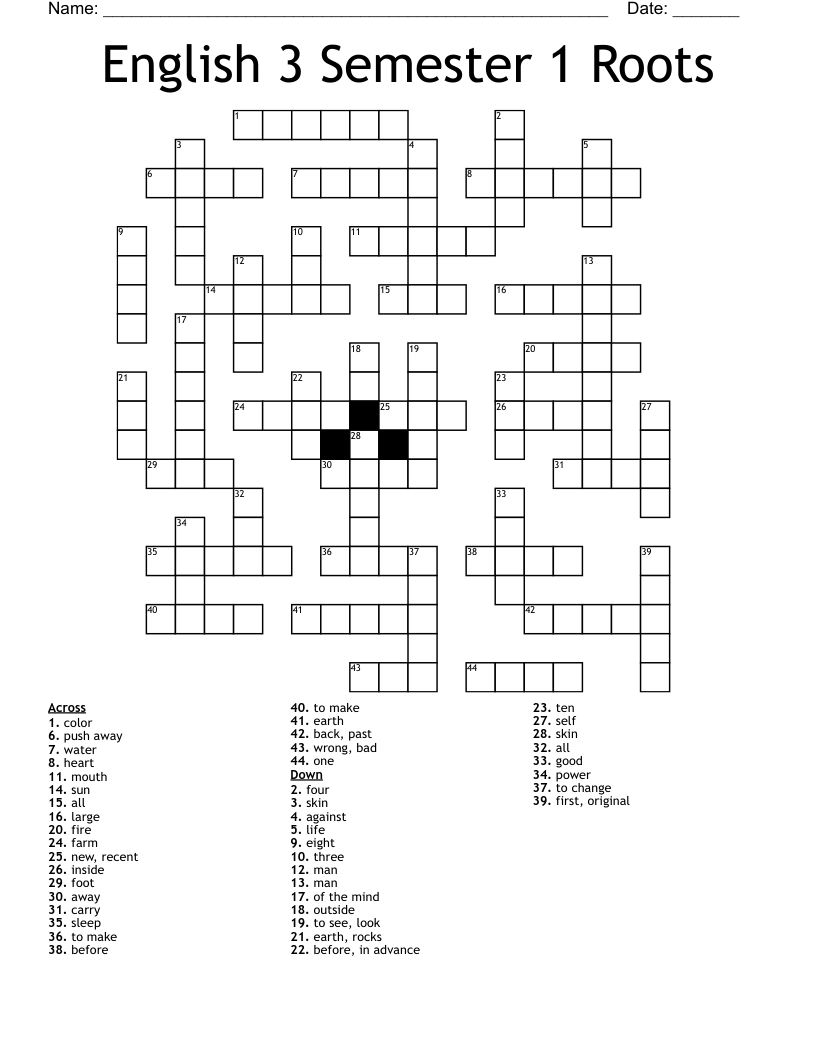 English 3 Semester 1 Roots Crossword