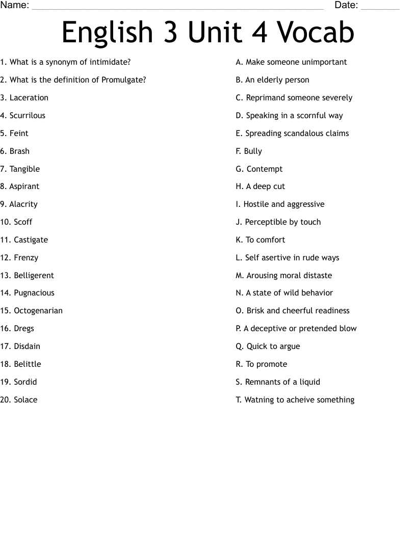 English 3 Unit 4 Vocab Worksheet