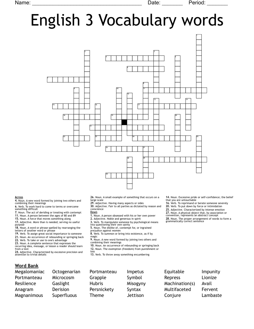 English 3 Vocabulary words Crossword