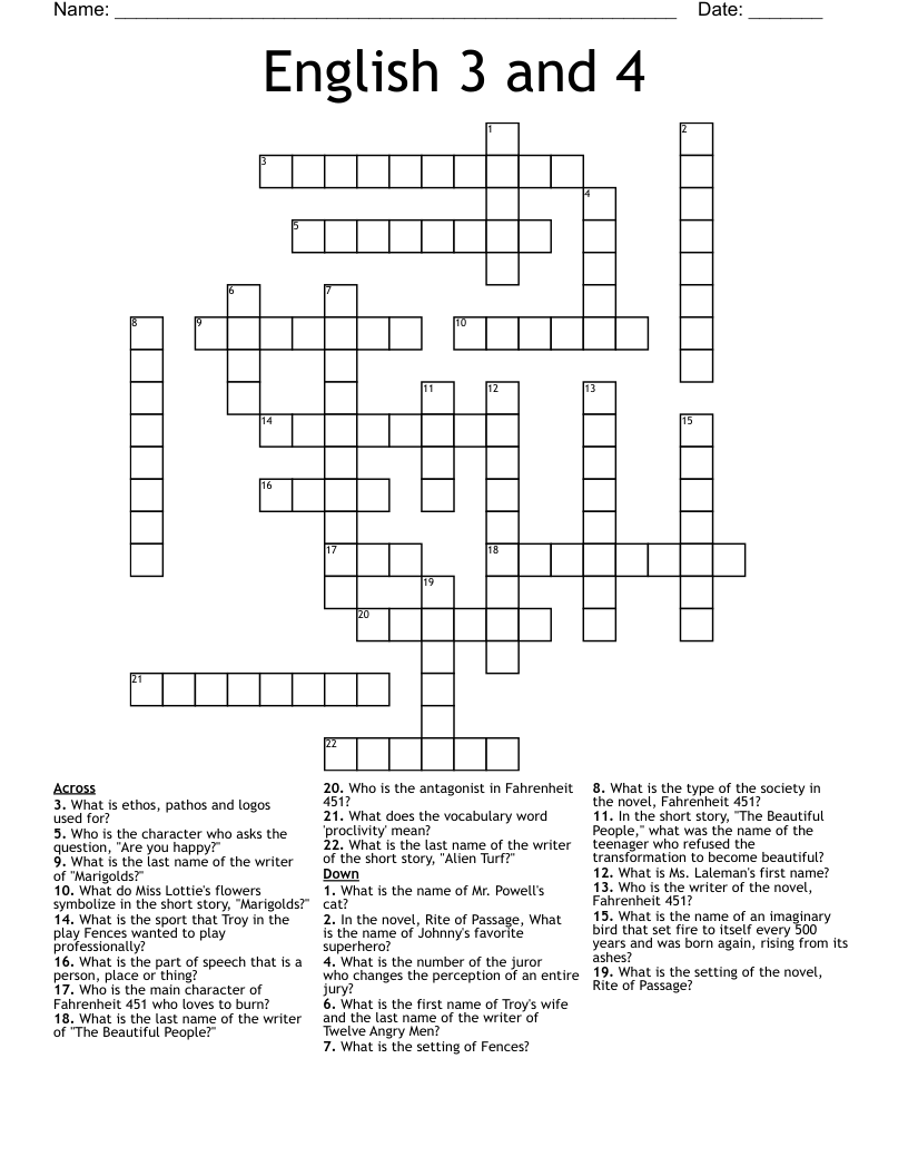 English 3 and 4 Crossword