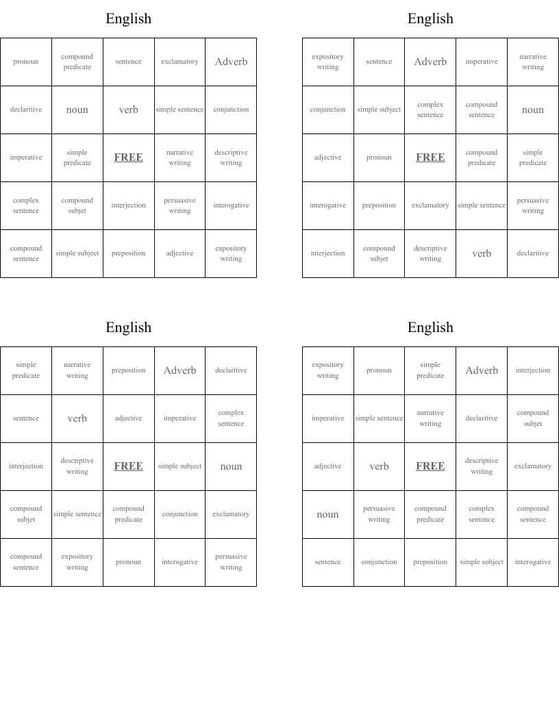 English Bingo Cards