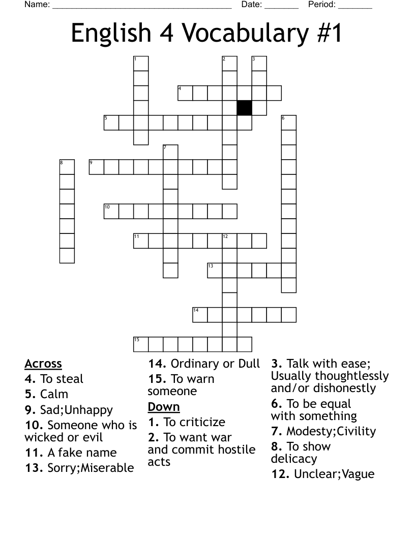 English 4 Vocabulary #1 Crossword