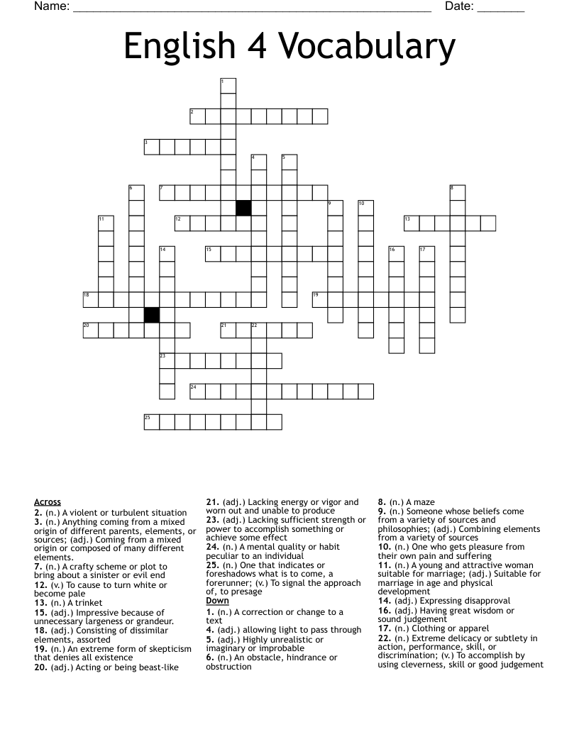 English 4 Vocabulary Crossword