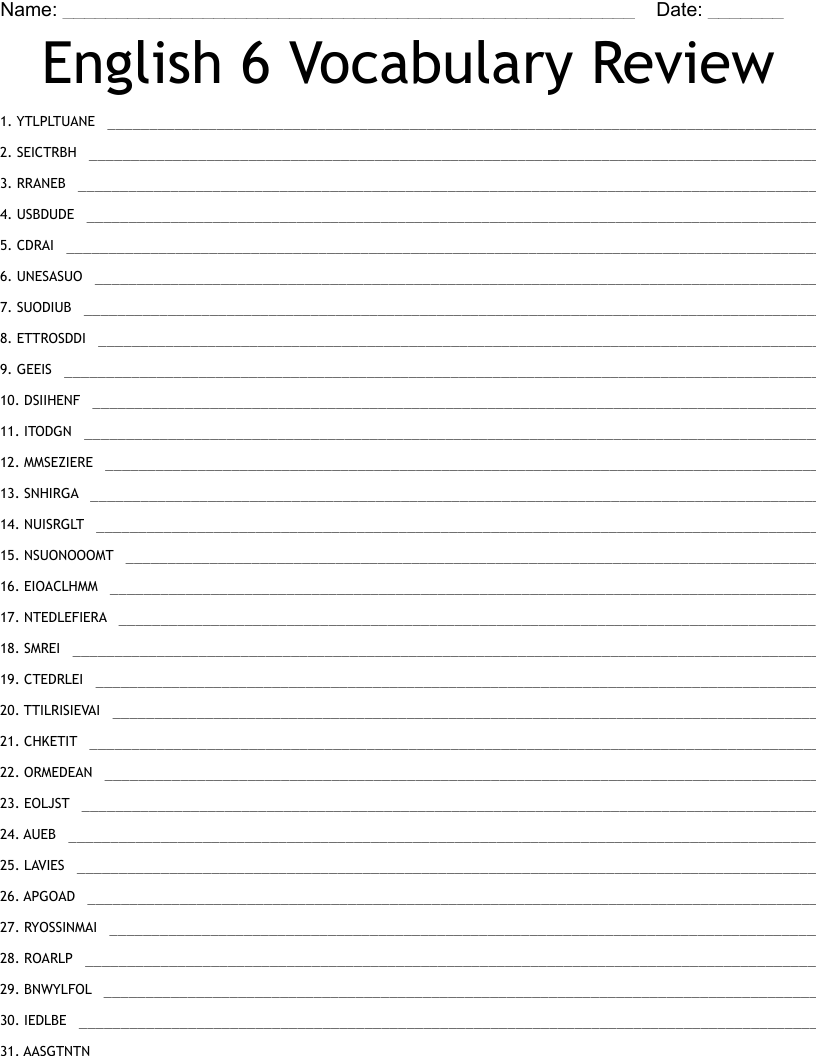 English 6 Vocabulary Review Word Scramble