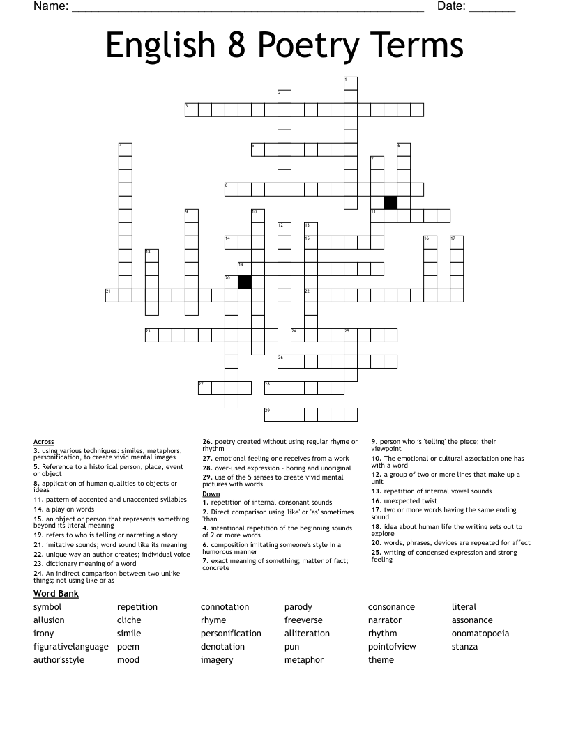 English 8 Poetry Terms Crossword
