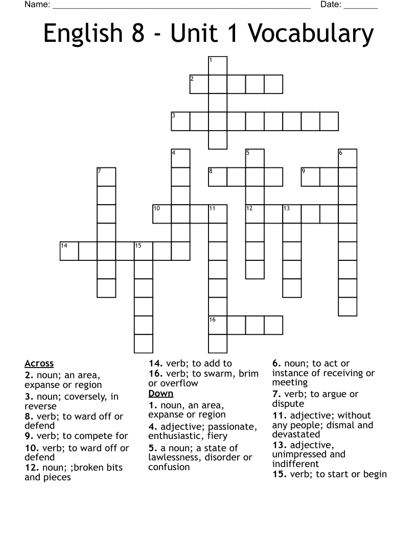 English 8 - Unit 1 Vocabulary Crossword