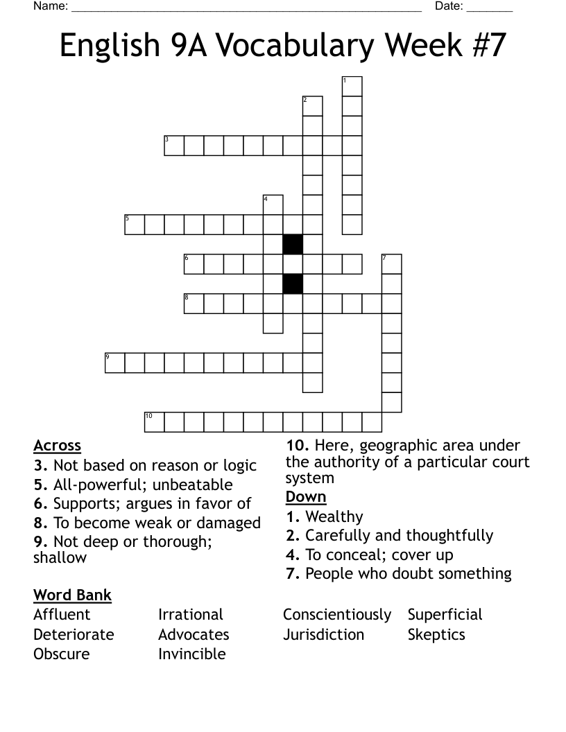 English 9A Vocabulary Week #7 Crossword