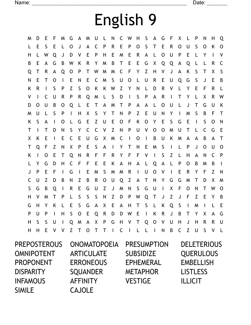 English 9 Word Search