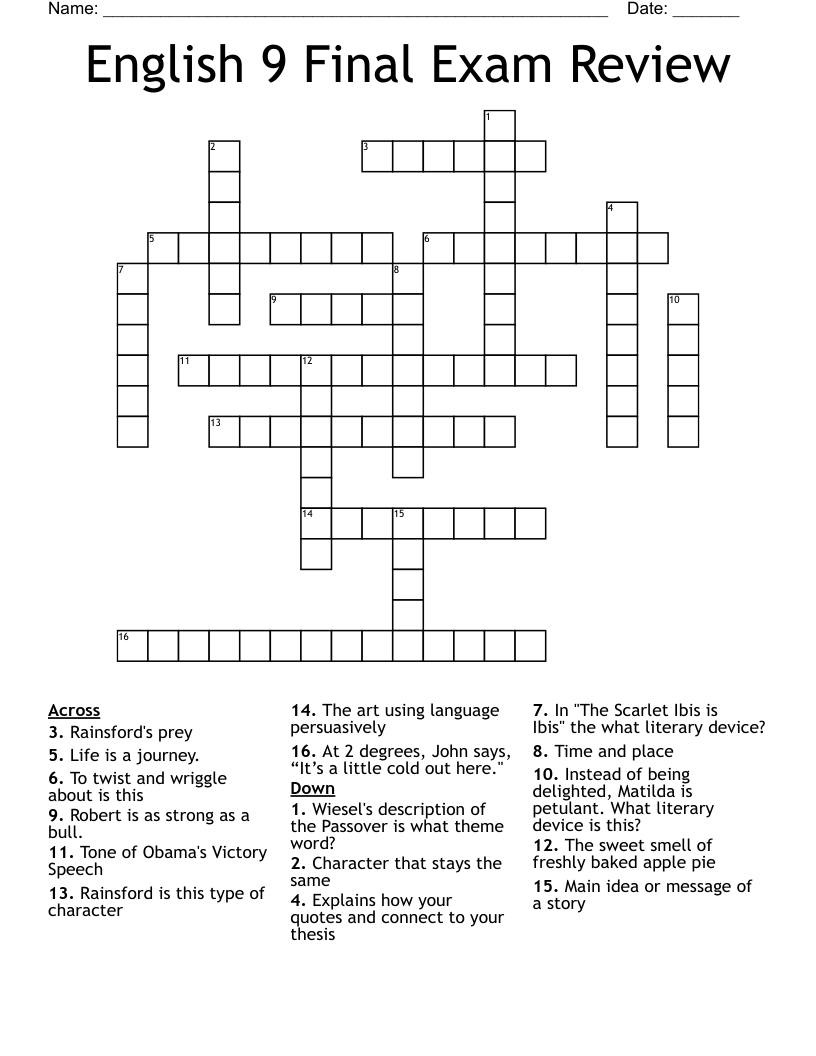English 9 Final Exam Review Crossword