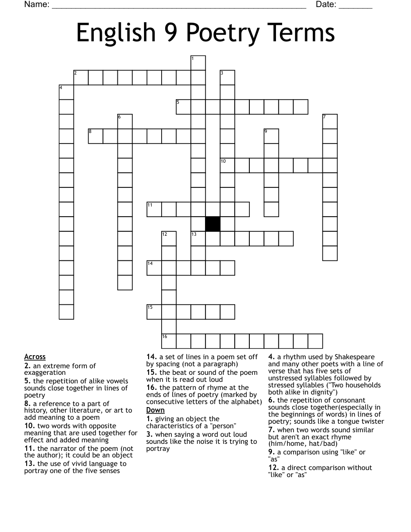 English 9 Poetry Terms Crossword