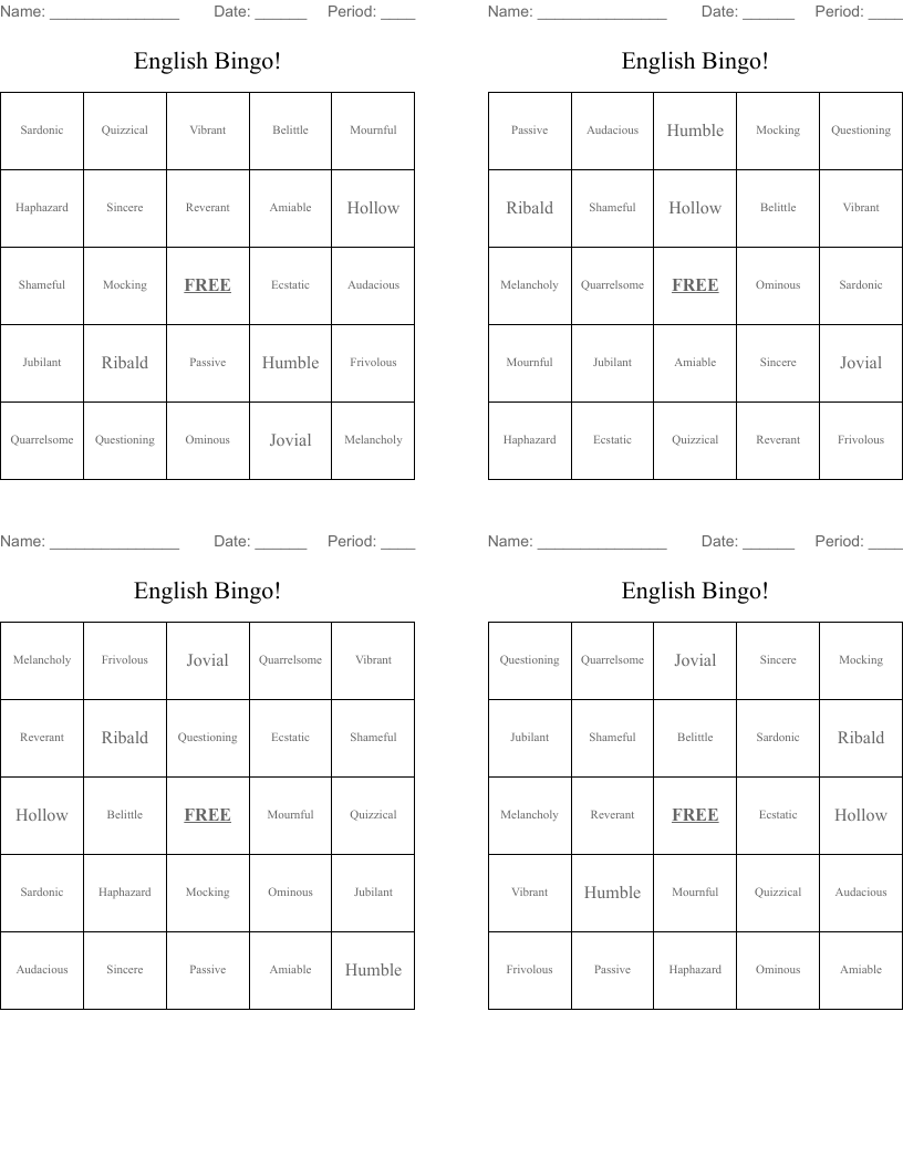 English Bingo!