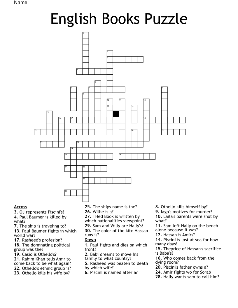 English Books Puzzle Crossword