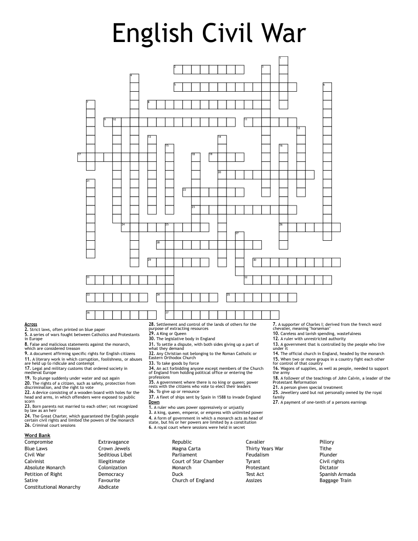 English Civil War Crossword