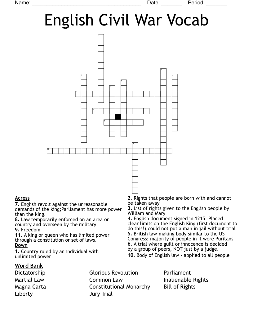 English Civil War Vocab Crossword