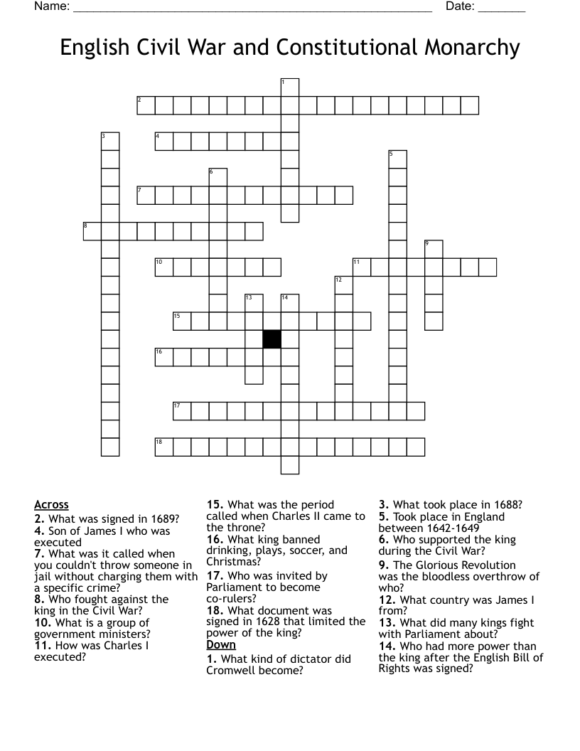 English Civil War and Constitutional Monarchy Crossword