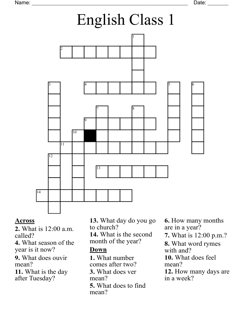English Class 1 Crossword