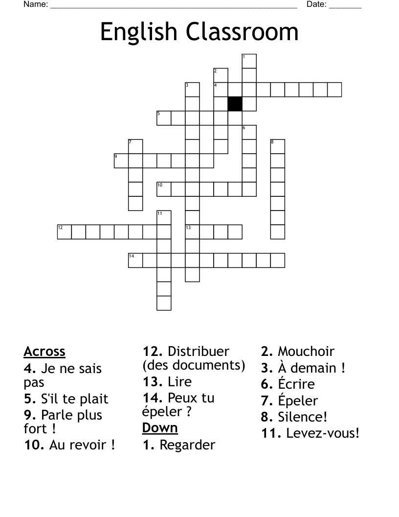English Classroom Crossword