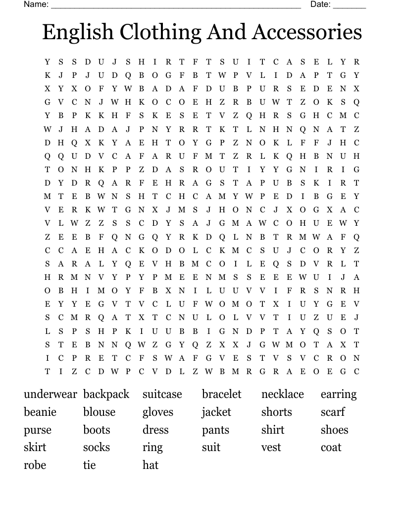 English Clothing And Accessories Word Search
