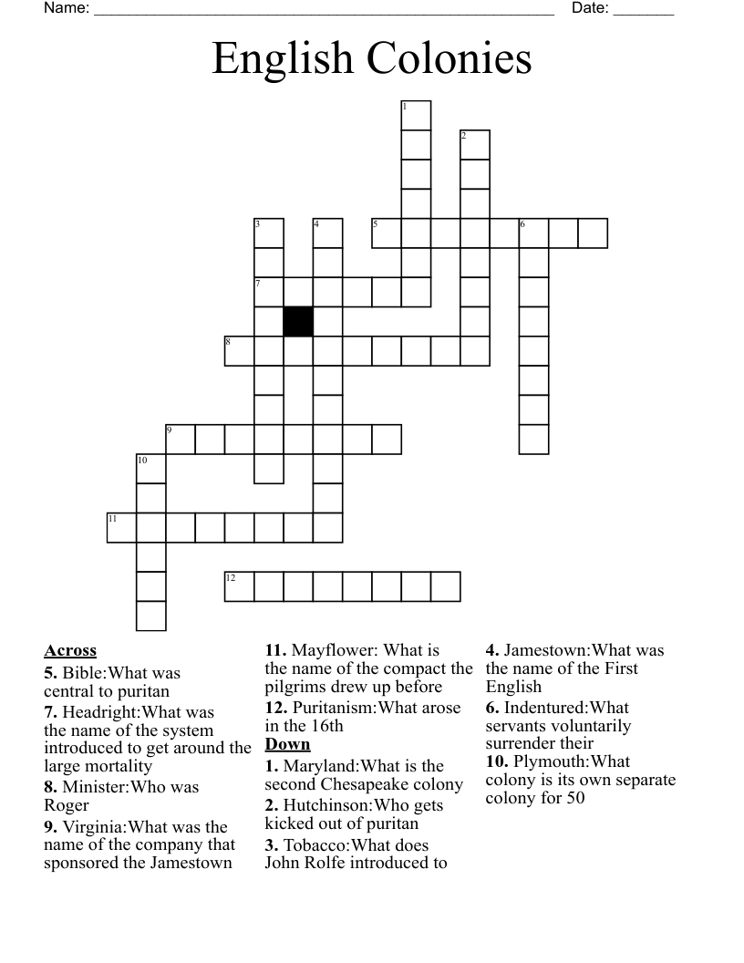 English Colonies Crossword