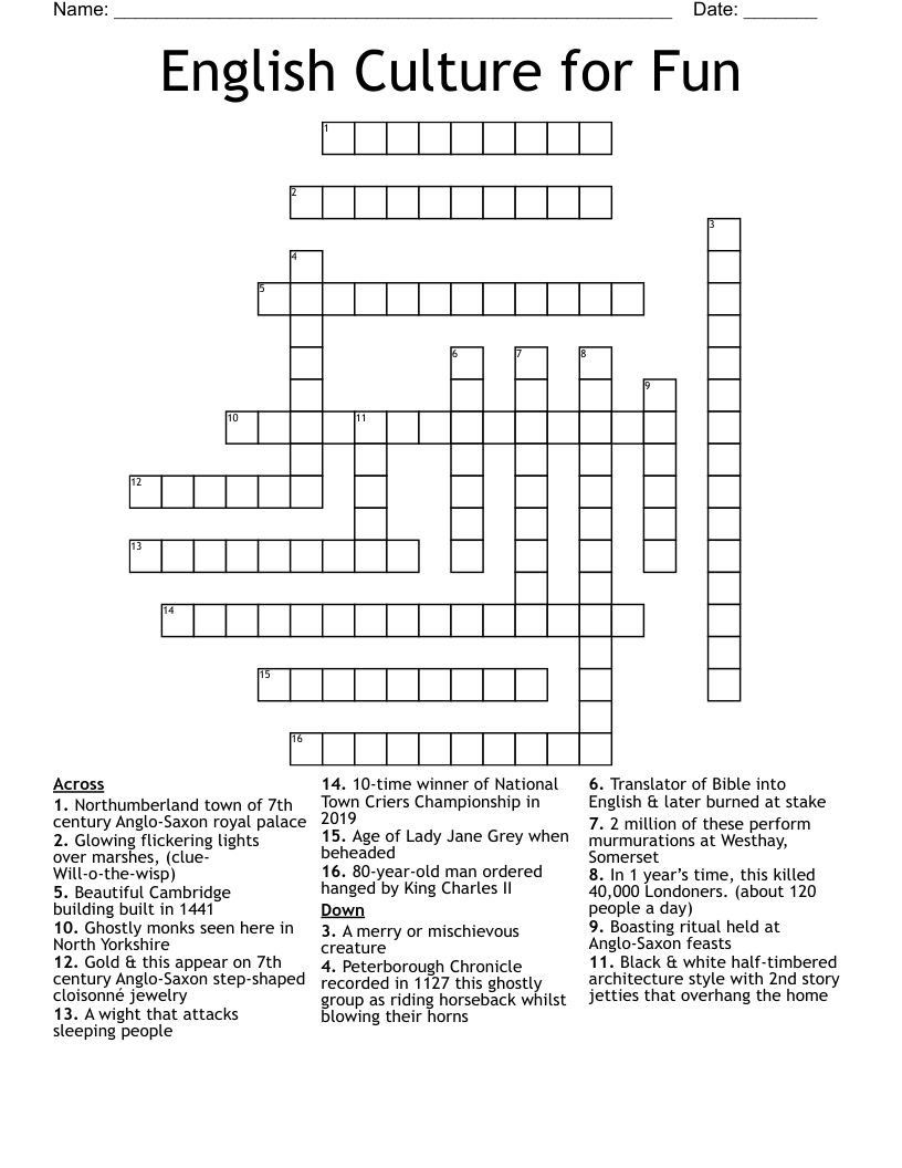 English Culture for Fun Crossword