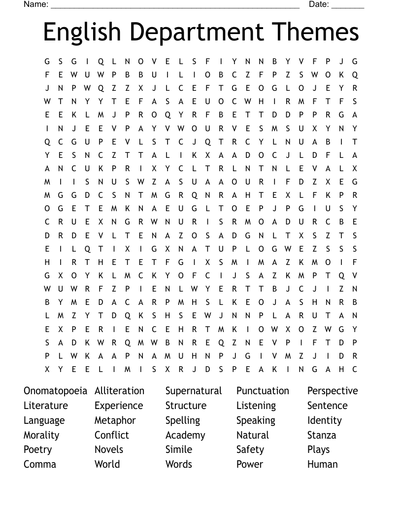 English Department Themes Word Search