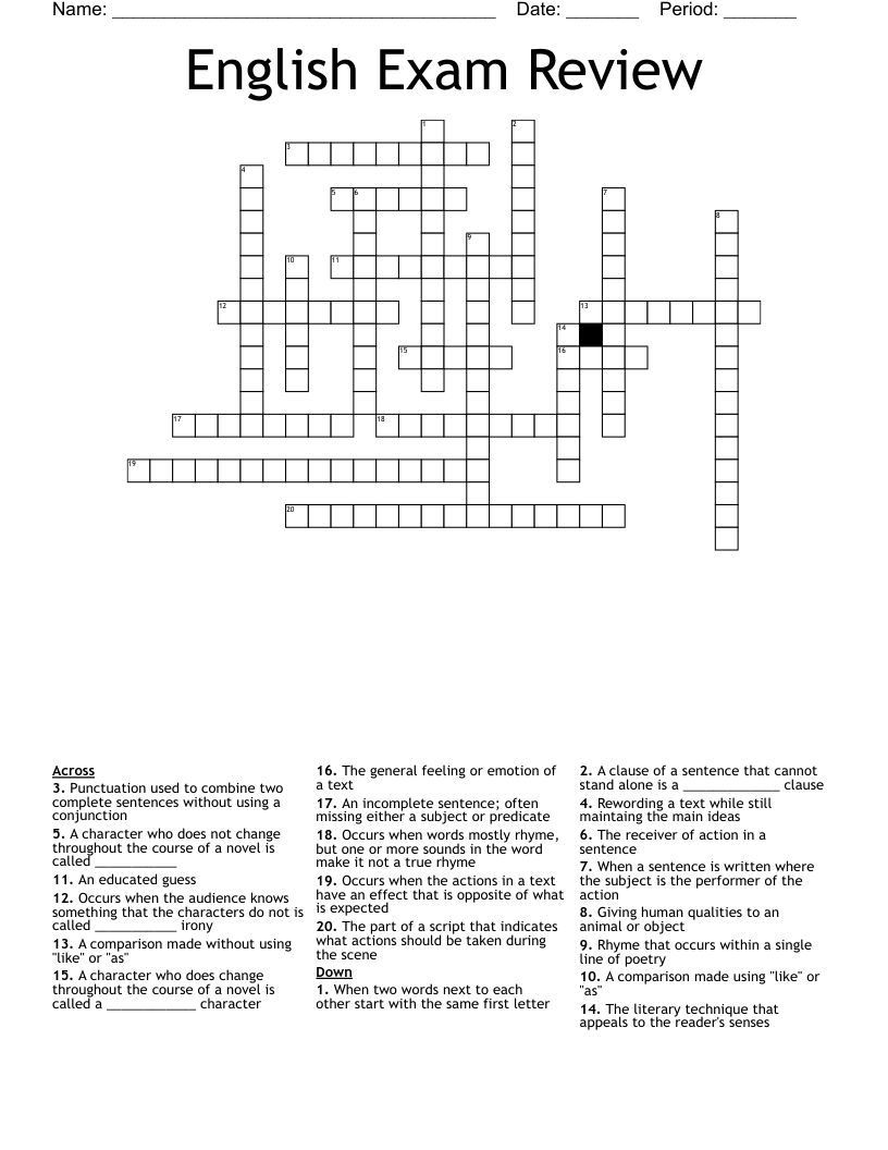 English Exam Review Crossword
