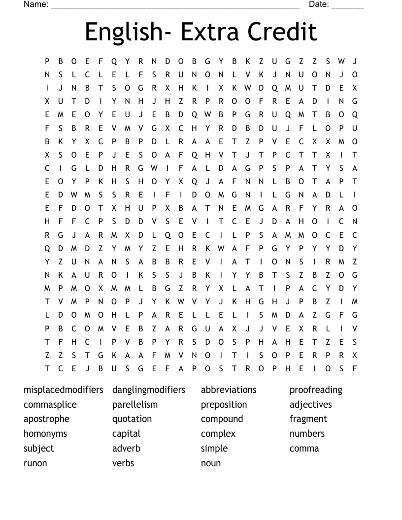 English- Extra Credit Word Search