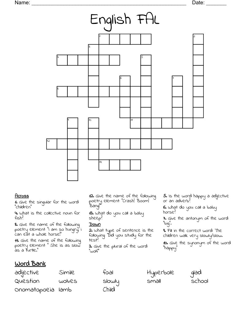 English FAL Crossword