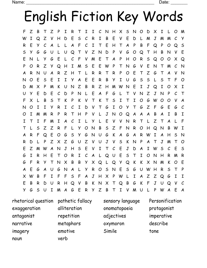 English Fiction Key Words Word Search