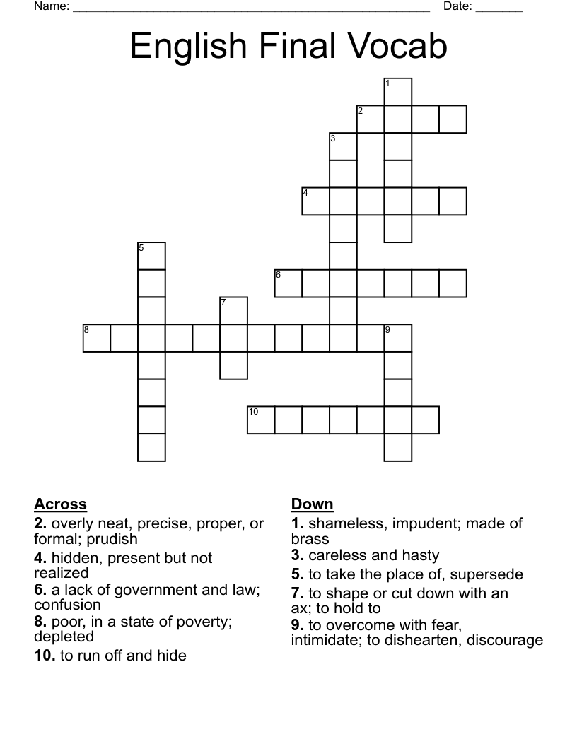 English Final Vocab Crossword