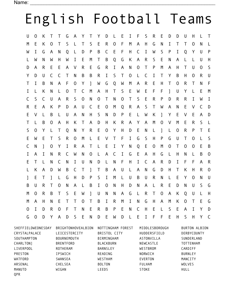 English Football Teams Word Search