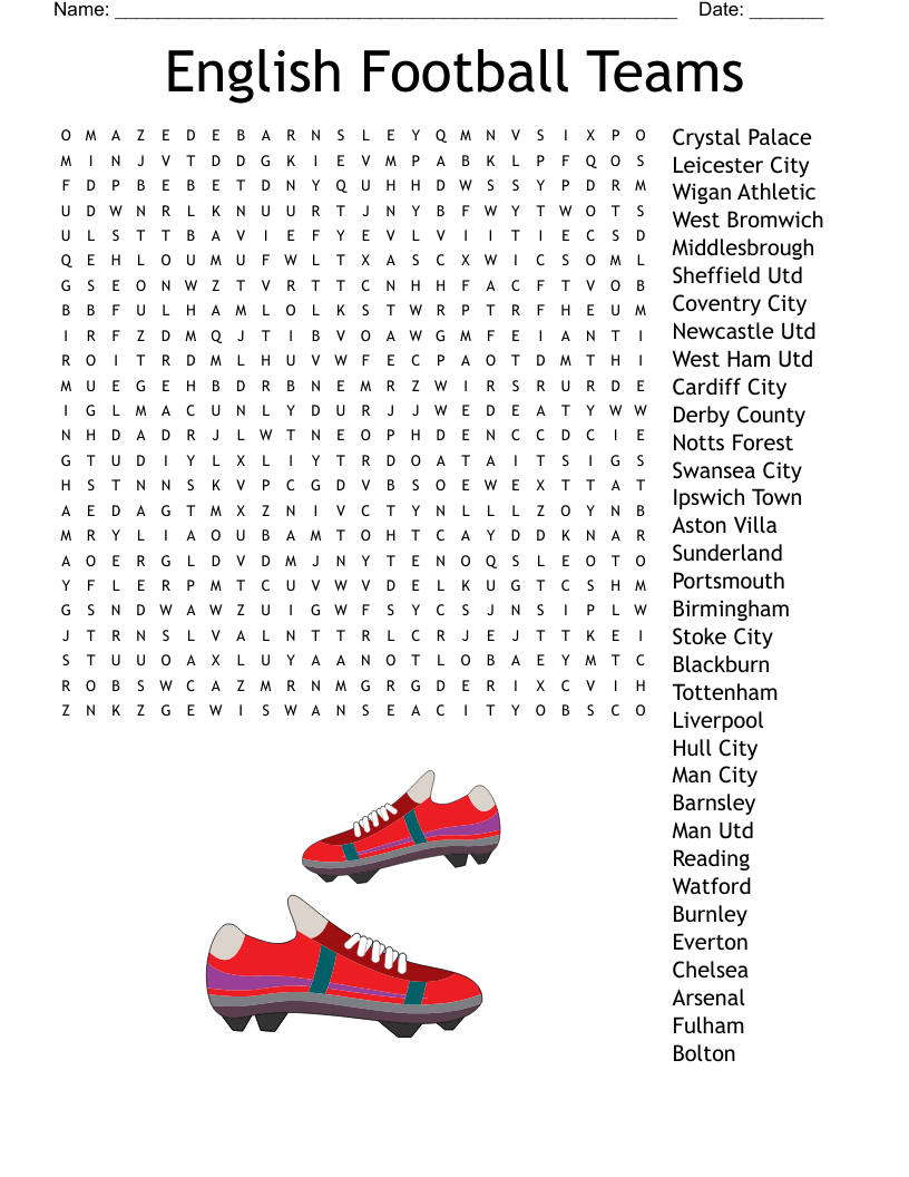 English Football Teams Word Search